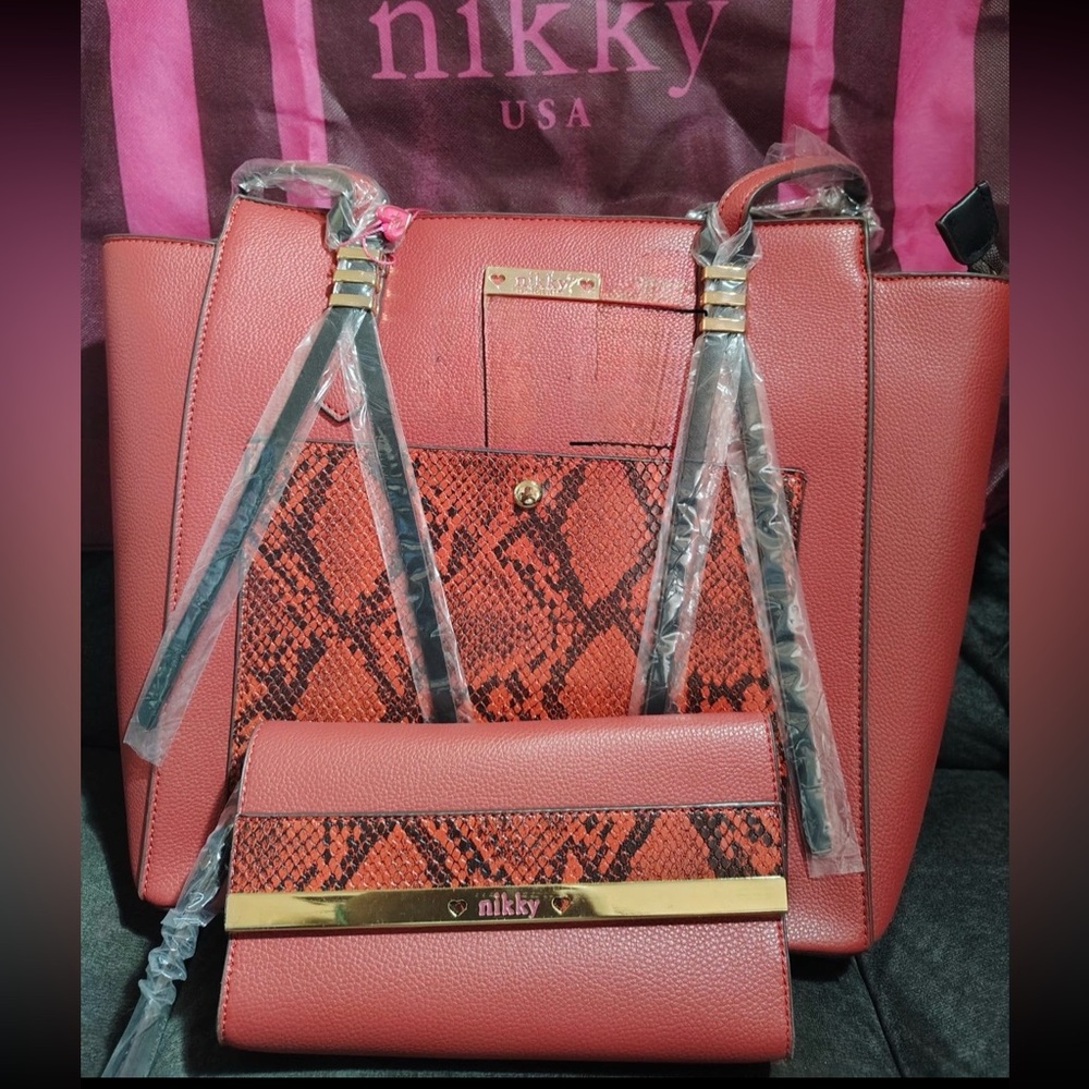 Red Snake-Accent Women’s Tote and Wallet Set